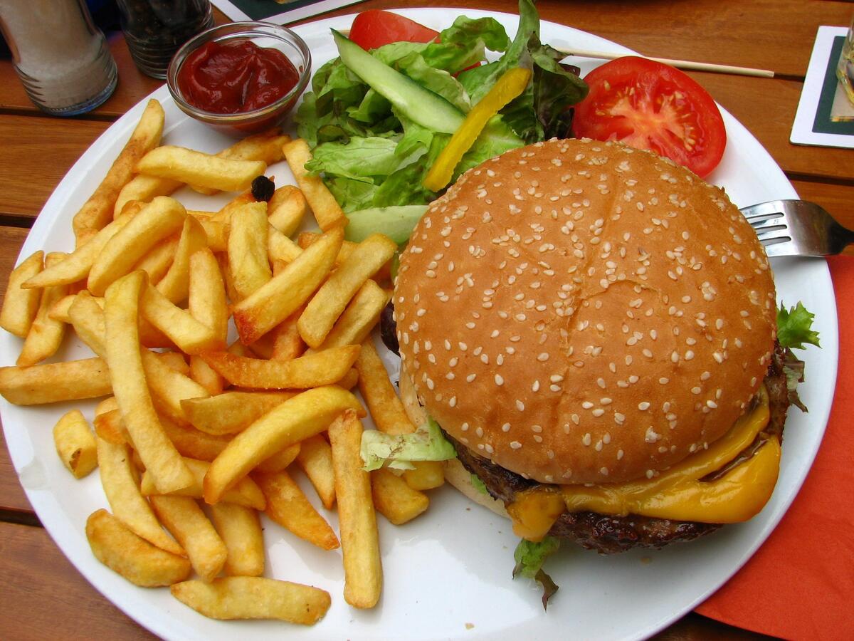 Hamburger and fries on a large plate