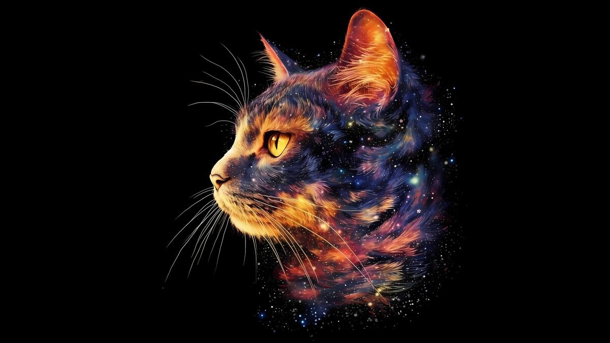 Кот в космической раскраске на черном фоне