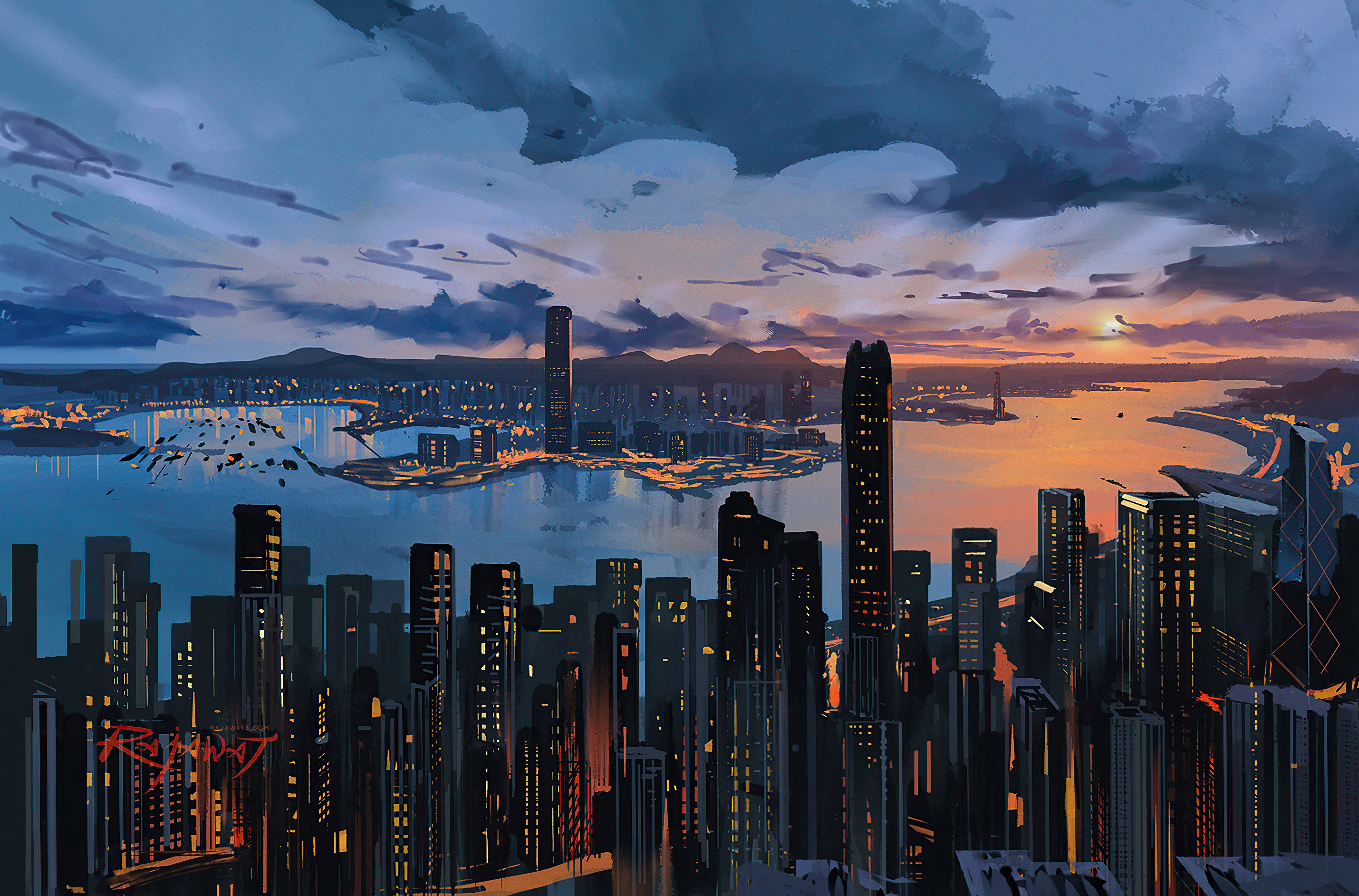 A drawing of the city at sunset
