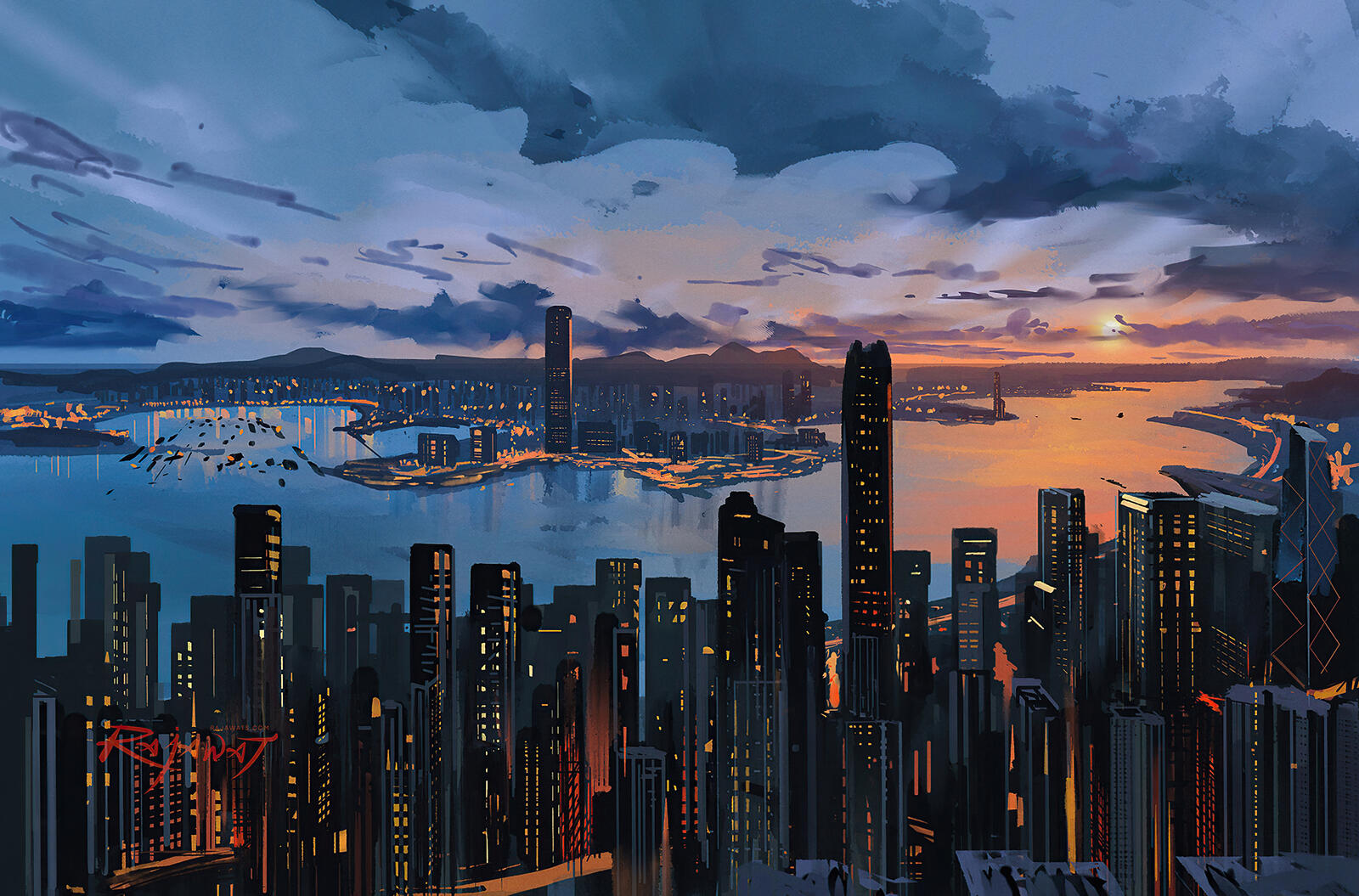 Бесплатное фото Рисунок города на закате