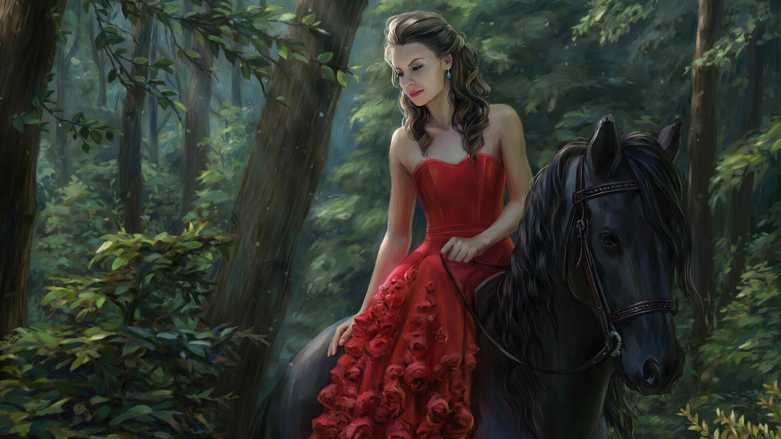 Обои девушка красное платье лошадь на рабочий стол