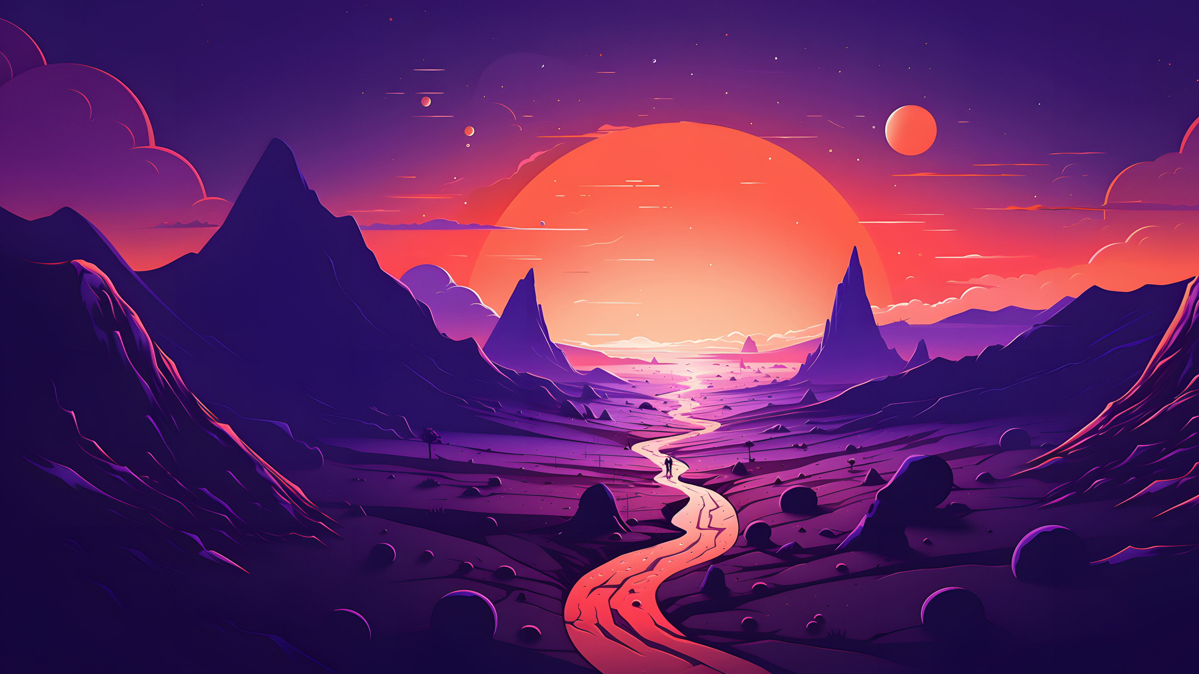 Красочный рисунок с горами на фоне большого Солнца с Луной