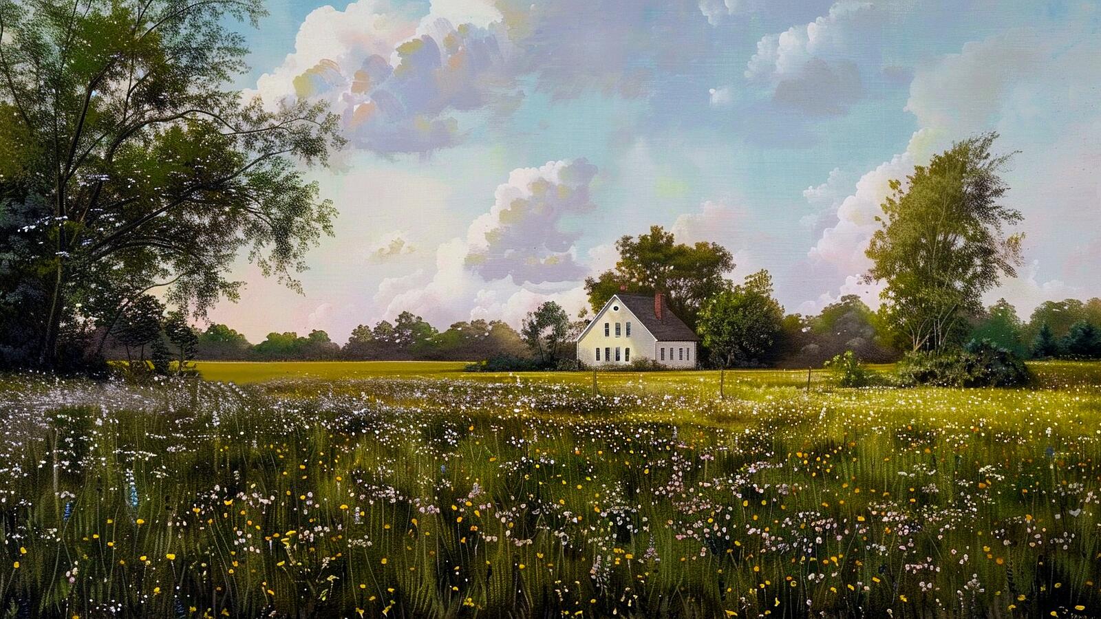 Бесплатное фото Белый дом среди зеленого поля