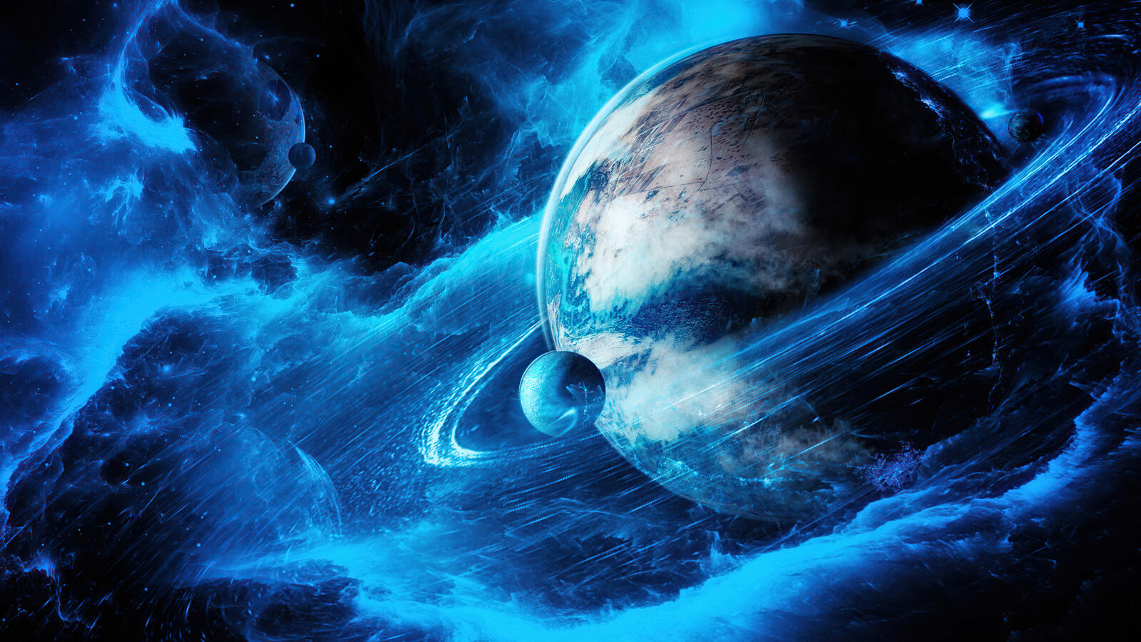 Бесплатное фото Космический пейзаж с планетой и её спутником