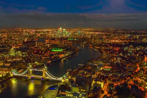A bird`s-eye view of the city at night.