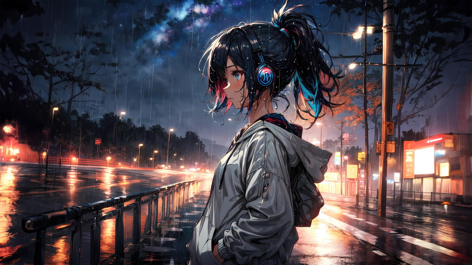 Free photo A girl wearing headphones stands in the rain on a night street