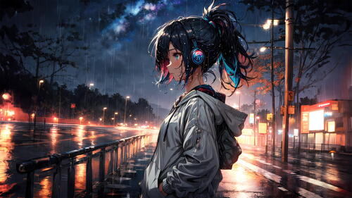 A girl wearing headphones stands in the rain on a night street