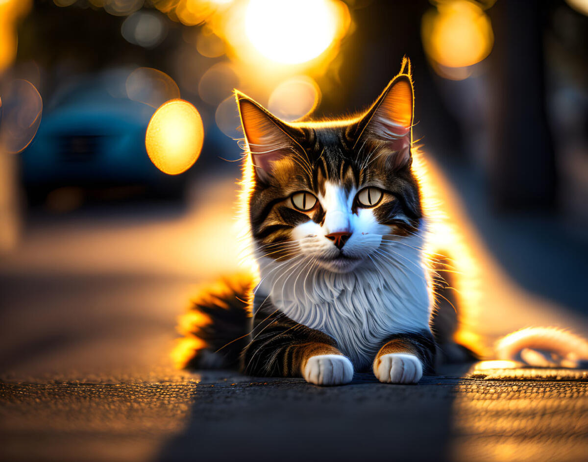 A painted kitty on the background of a golden sunset