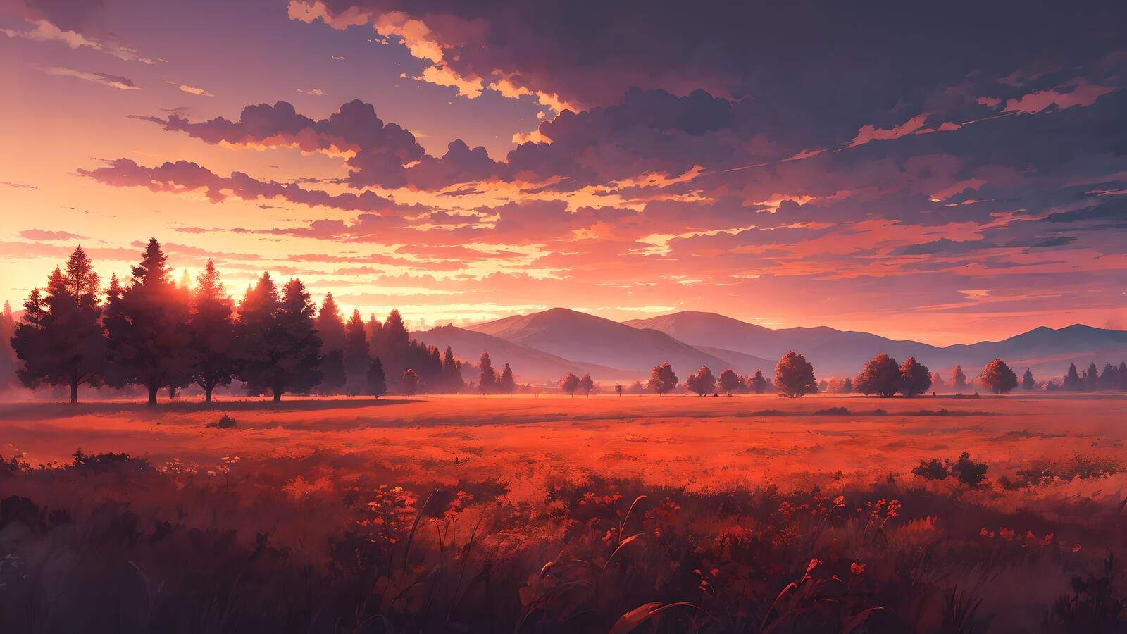 Бесплатное фото Заходящее солнце окрасило пейзаж в красный цвет.