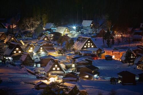 A nighttime winter village