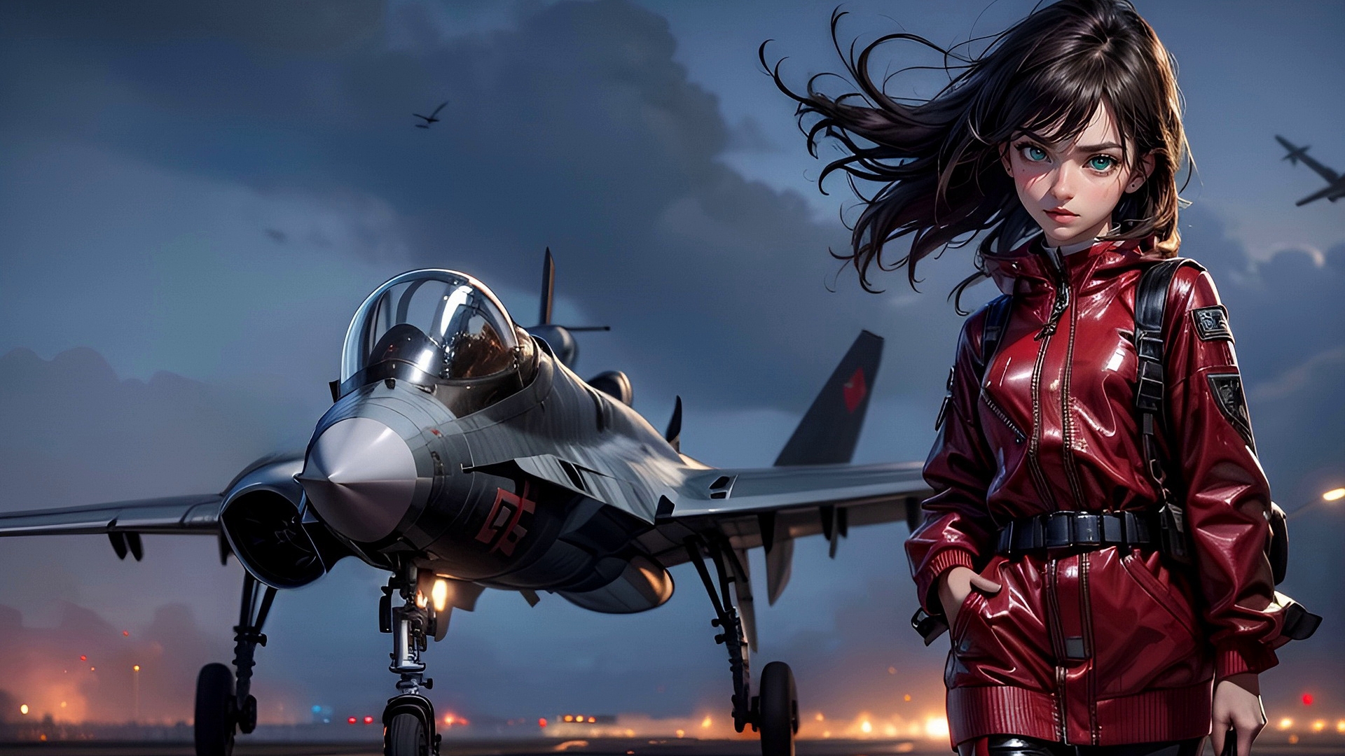 Бесплатное фото Девушка летчик на аэродроме и самолет