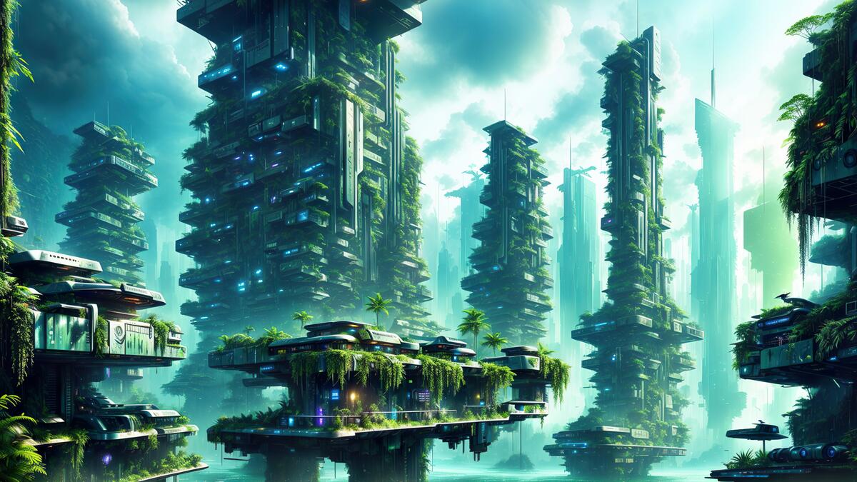 Рисунок заброшенного города будущего в период постапокалипсиса