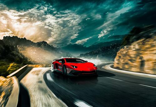 A red Lamborghini Aventador on a country road.