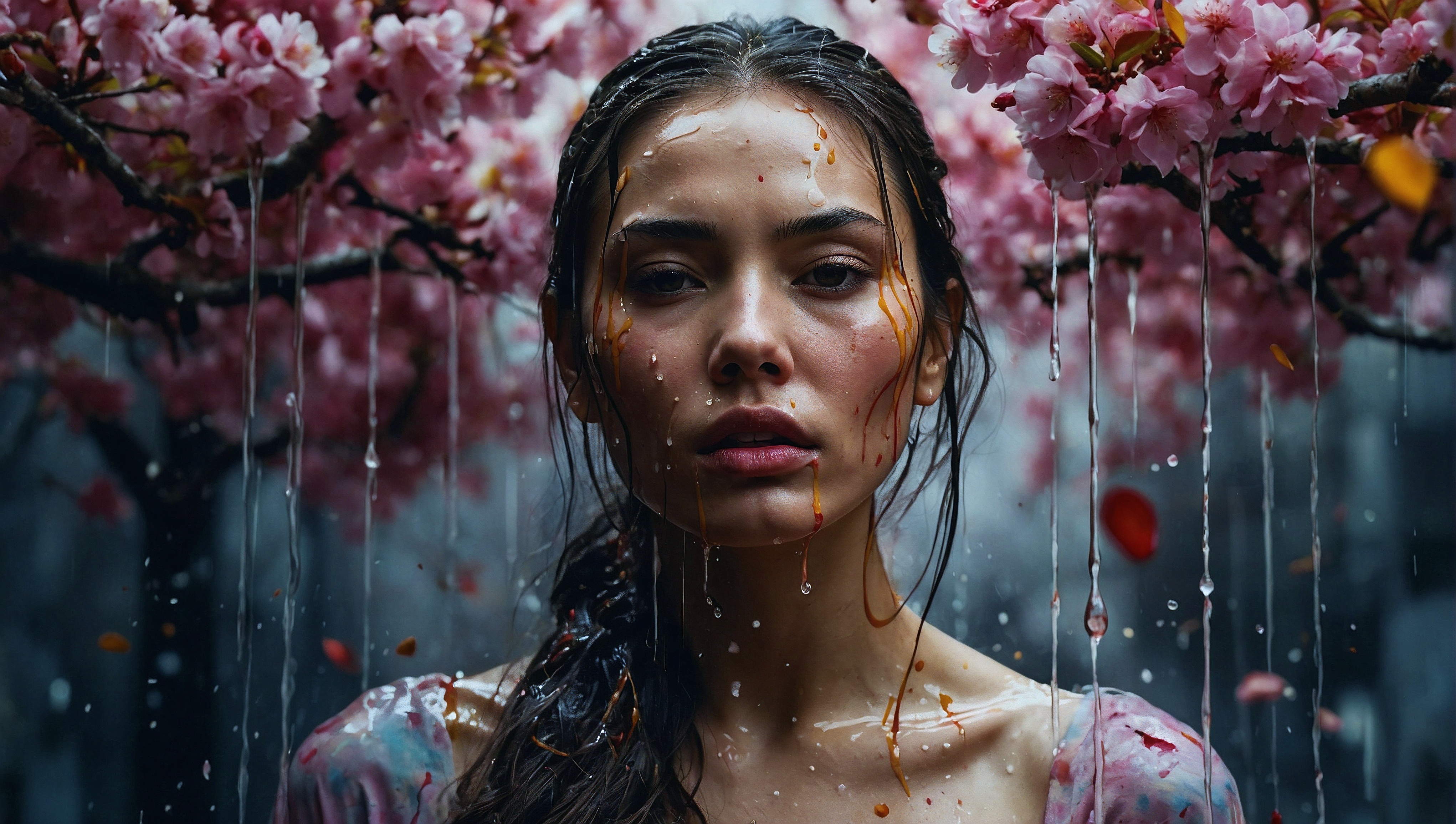 一位妇女站在被雨淋湿的树下，一脸愤怒