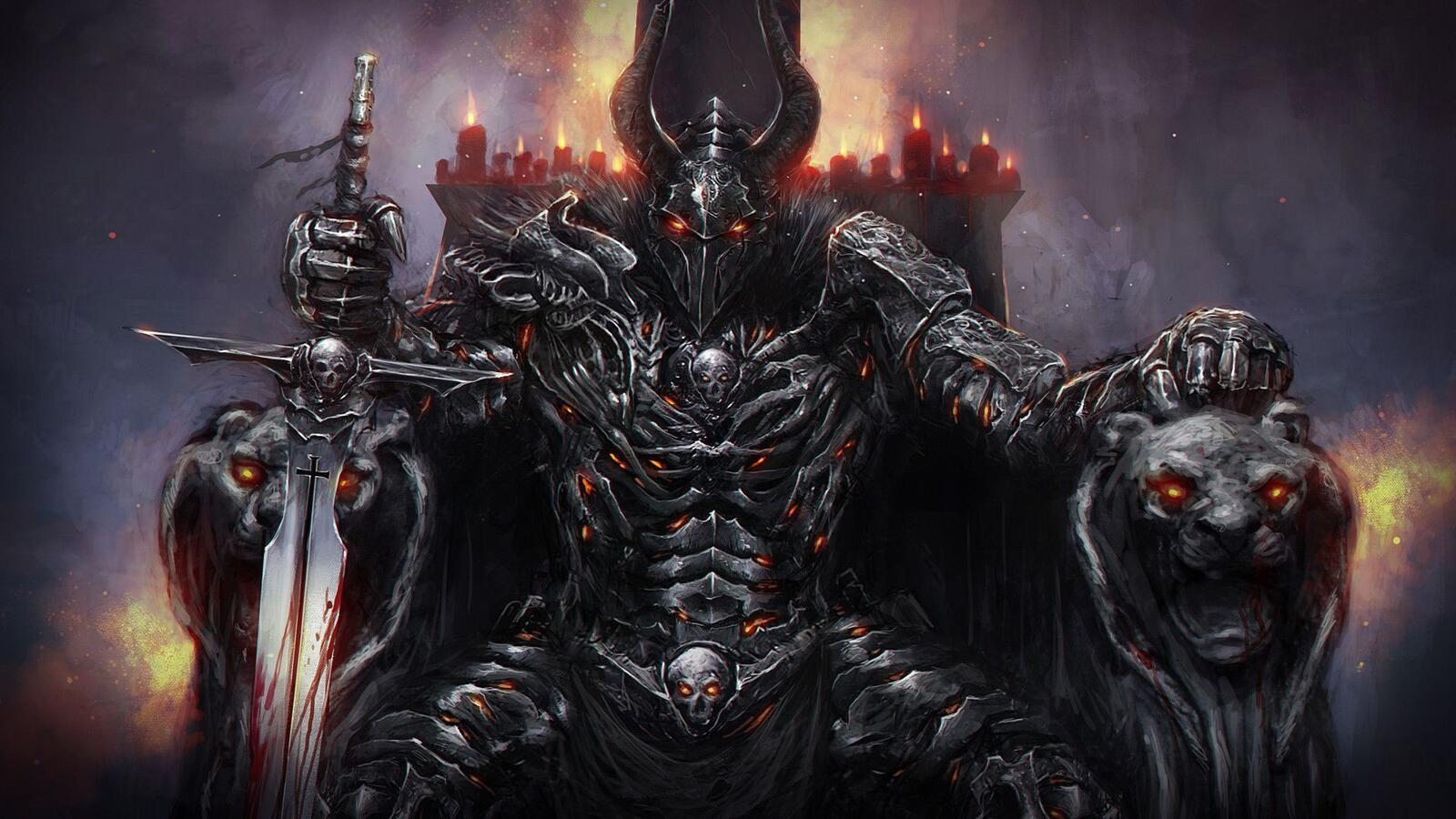 Бесплатное фото Демон рыцарь с мечем сидит на троне