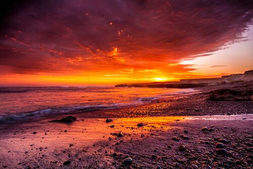A fiery sunset on the sea