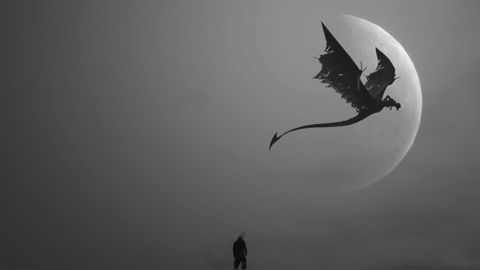 Бесплатное фото Темный силуэт дракона на фоне луны