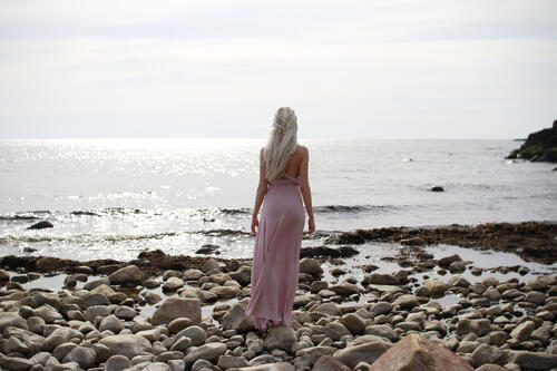 A blond girl in a pink dress stands with her back to the sea horizon