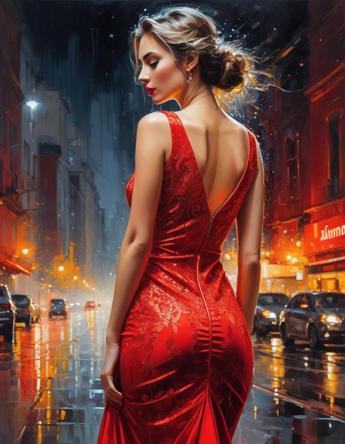 The woman in red in the evening