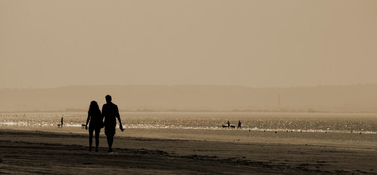 Silhouette of a man and a woman walking on the beach