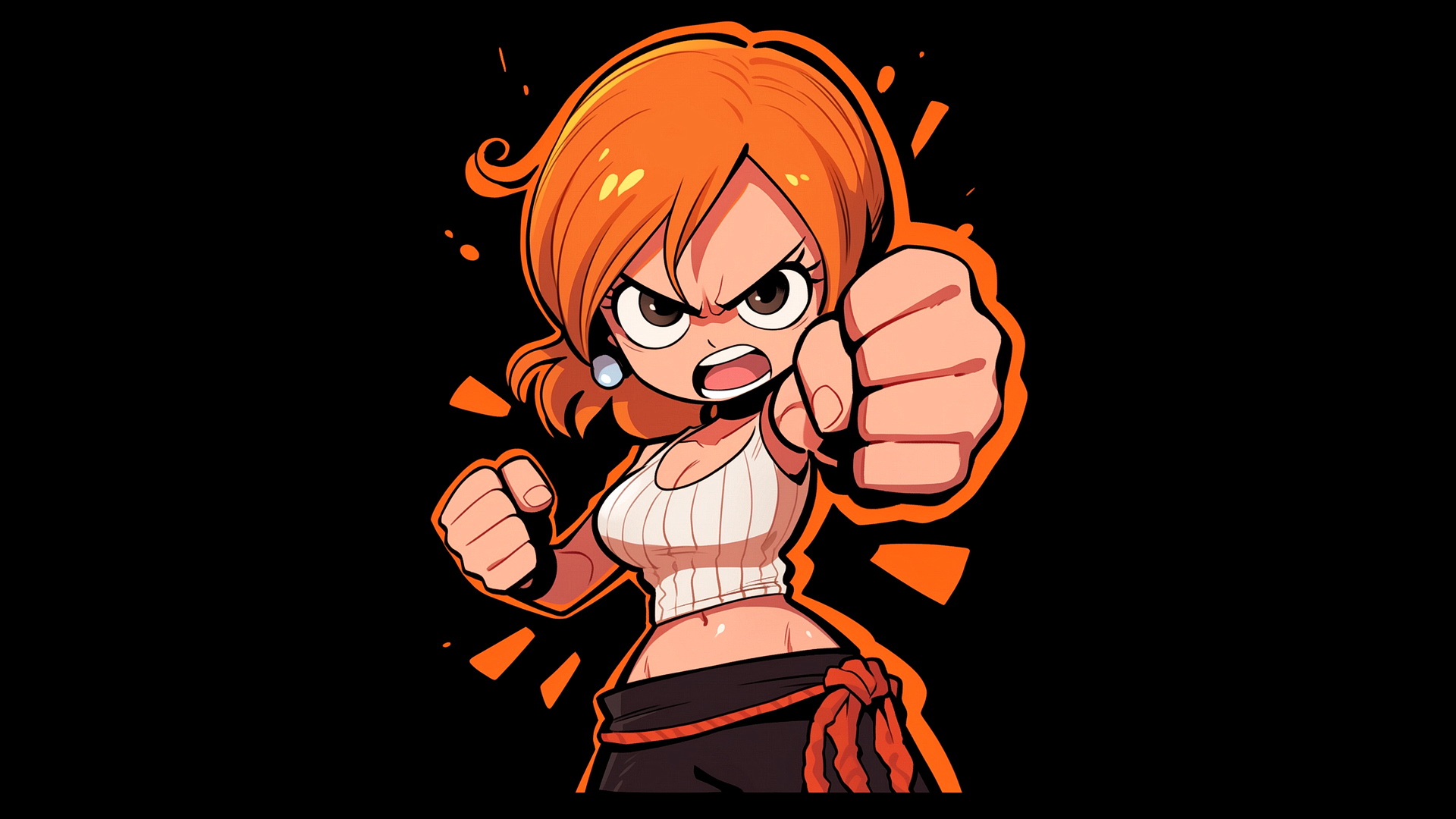 A drawing of a girl fighter on a black background