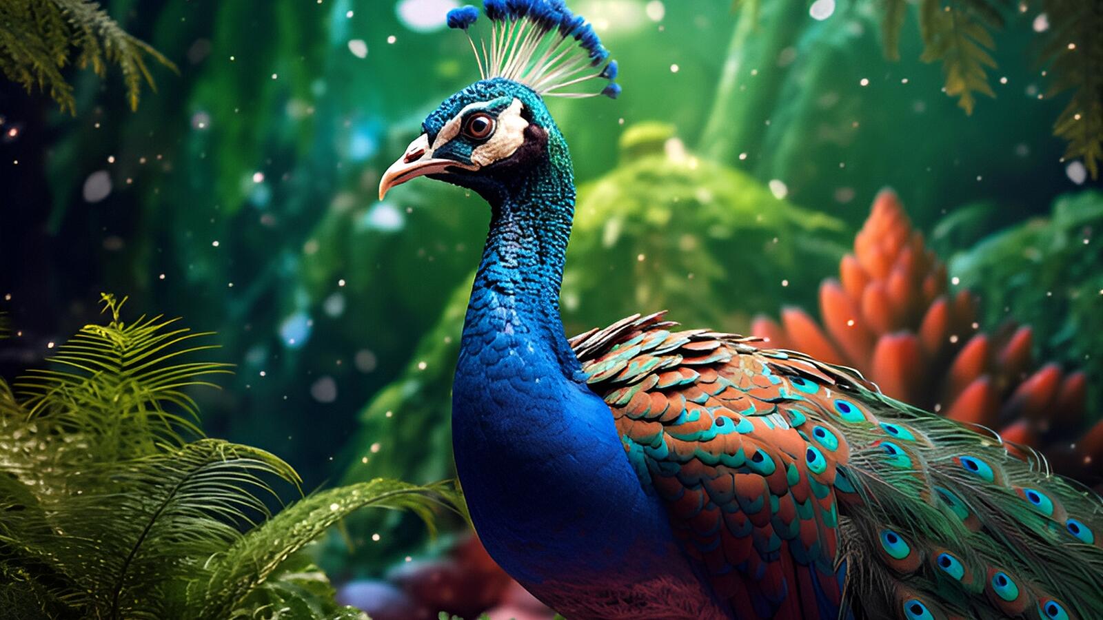 Free photo Peacock on the background of tropical plants