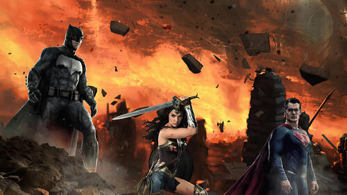 Wonder Woman surrounded by Batman and Superman
