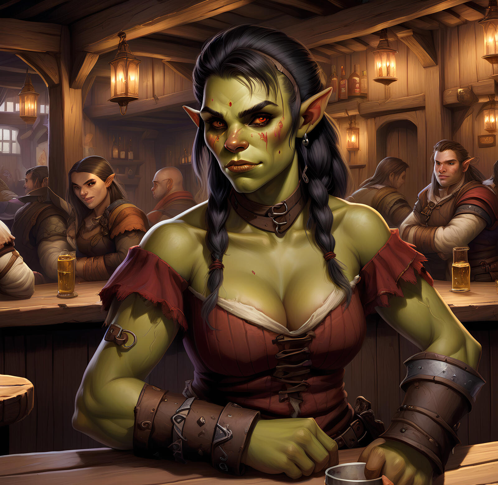 Free photo Half-orc girl in a tavern