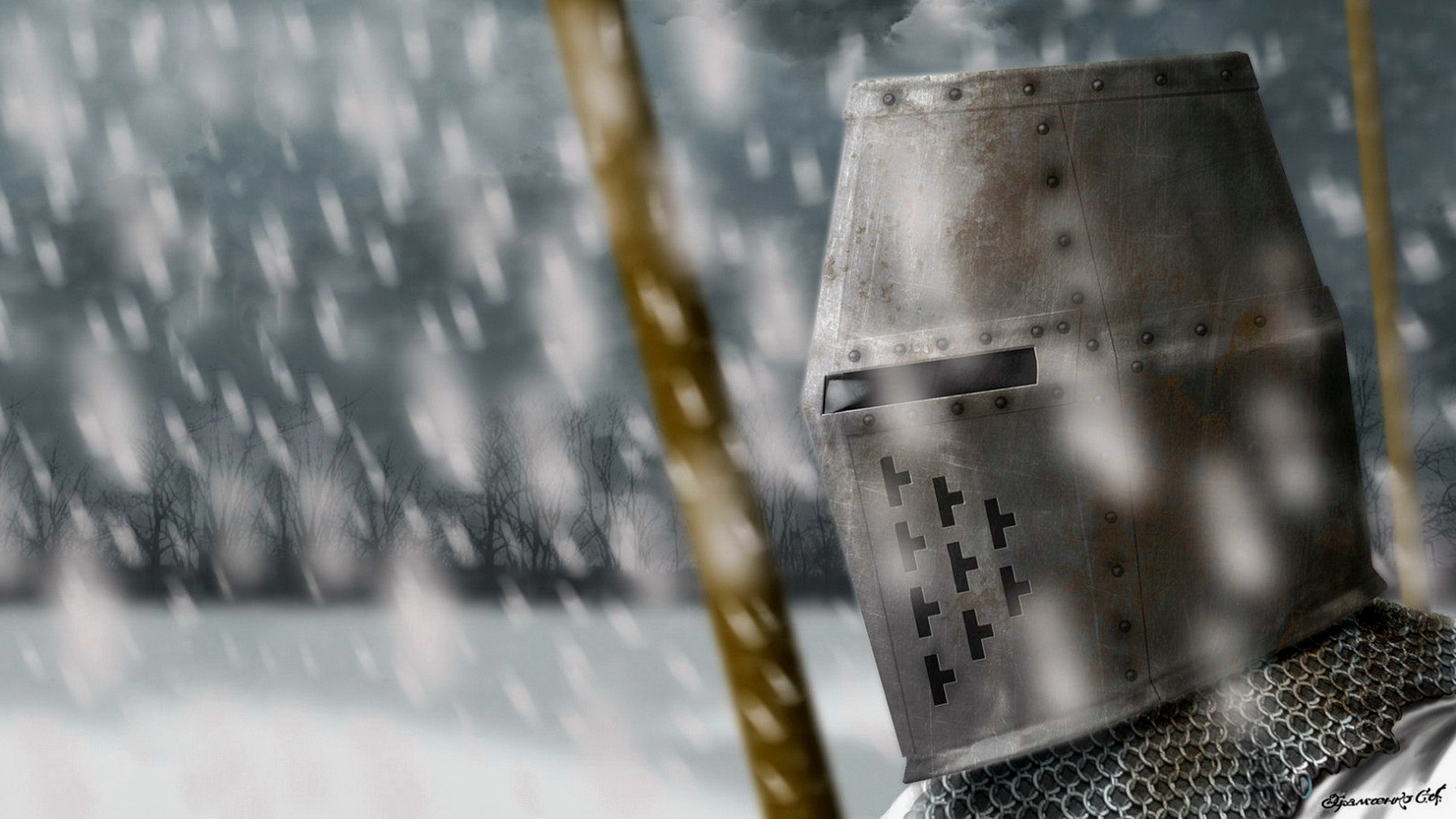 Рыцарь с копьем и шлеме в снегопад
