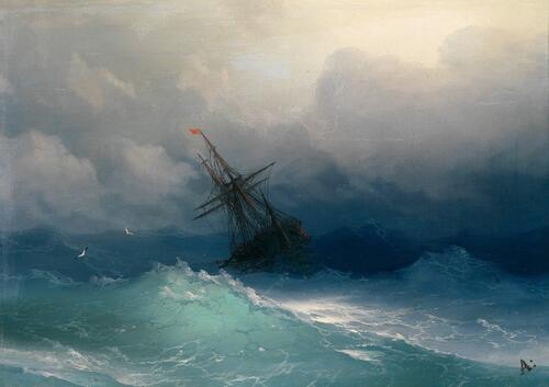 A painting of a ship in a storm
