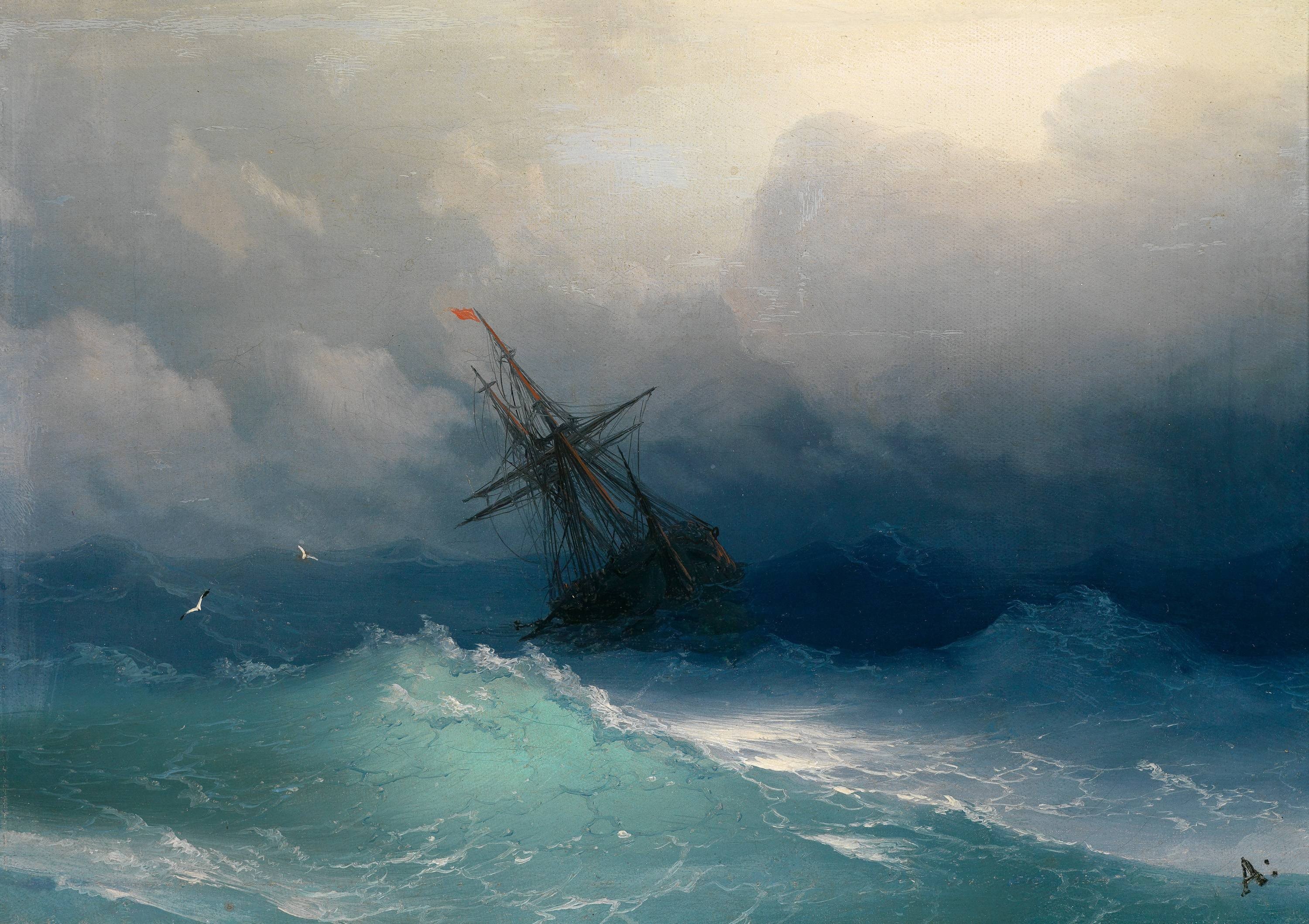 免费照片一幅暴风雨中的船画