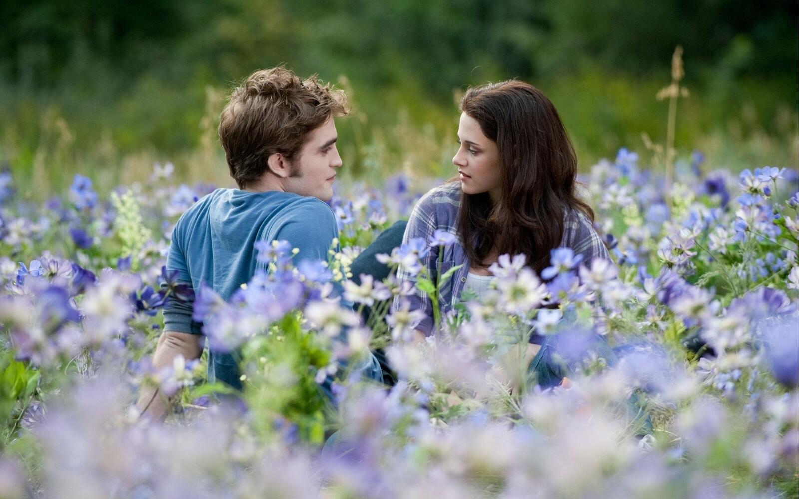 Free photo Robert Pattinson and Kristen Stewart lie in blue flowers