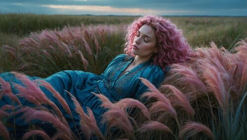 A girl in blue lies on the ground by the pink grass.