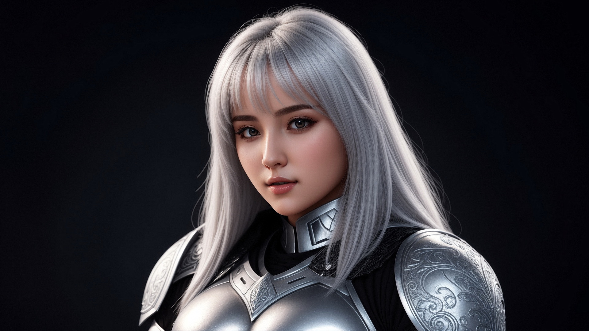 Бесплатное фото Портрет девушки рыцаря с белыми волосами на темном фоне