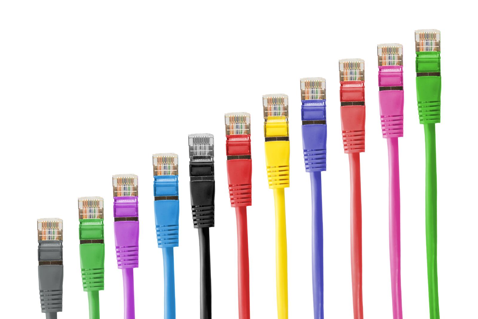 Бесплатное фото Разноцветные интернет провода с разъемами на белом фоне