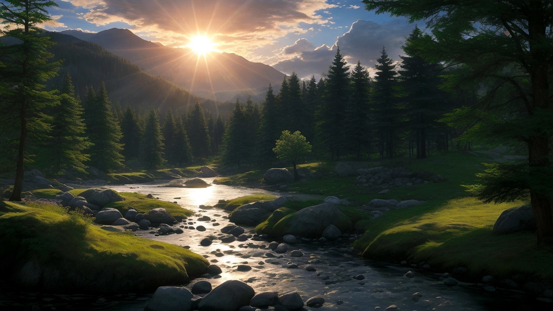 A river in the forest and the sun over the mountains