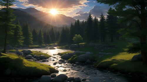 Речка в лесу и солнце над горами