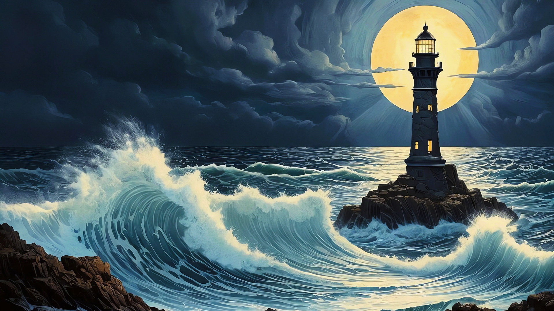 免费照片绘制夜晚的灯塔和海浪