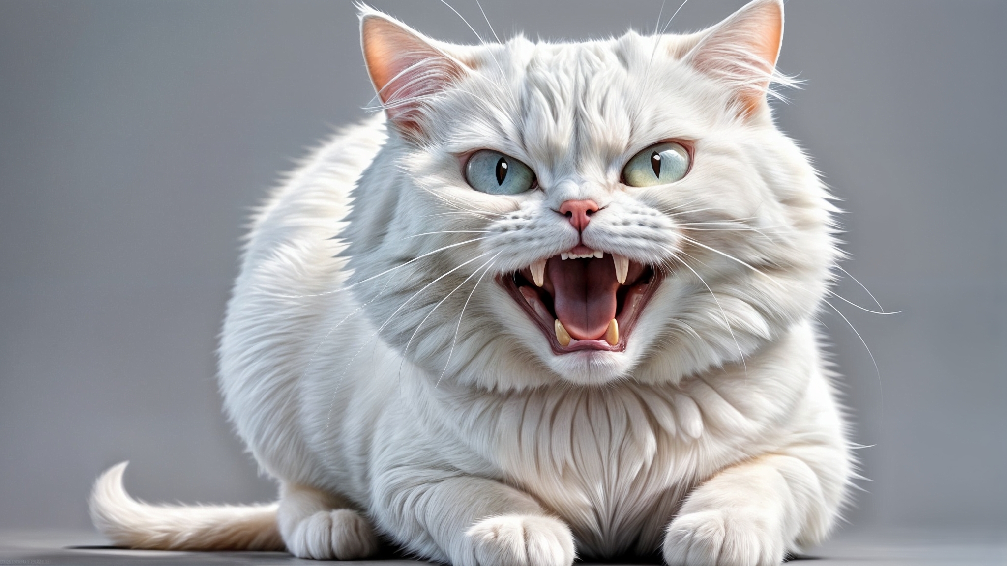 Бесплатное фото Белая злая кошка на сером фоне