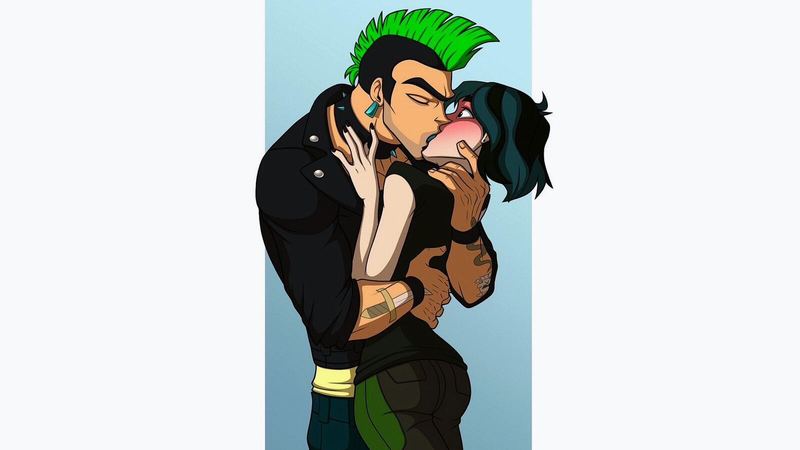 Free photo Picture of a punk with green hair kissing a girl and a white background