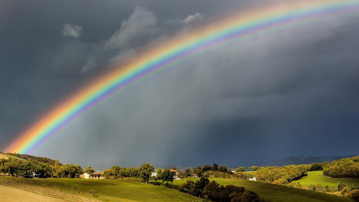 A rainbow in an overcast sky.