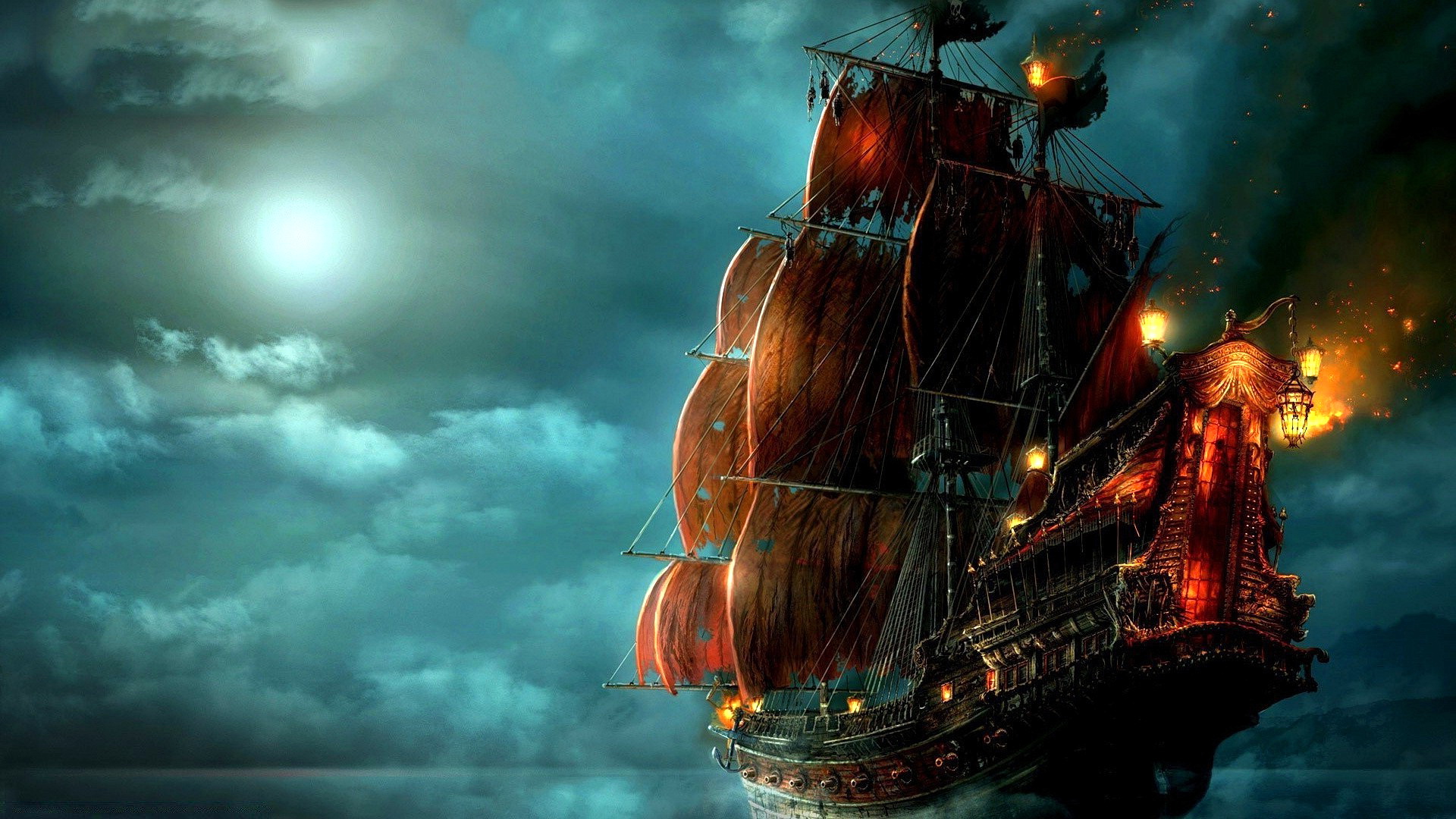 Free photo Pirate ship in the background of the night sky