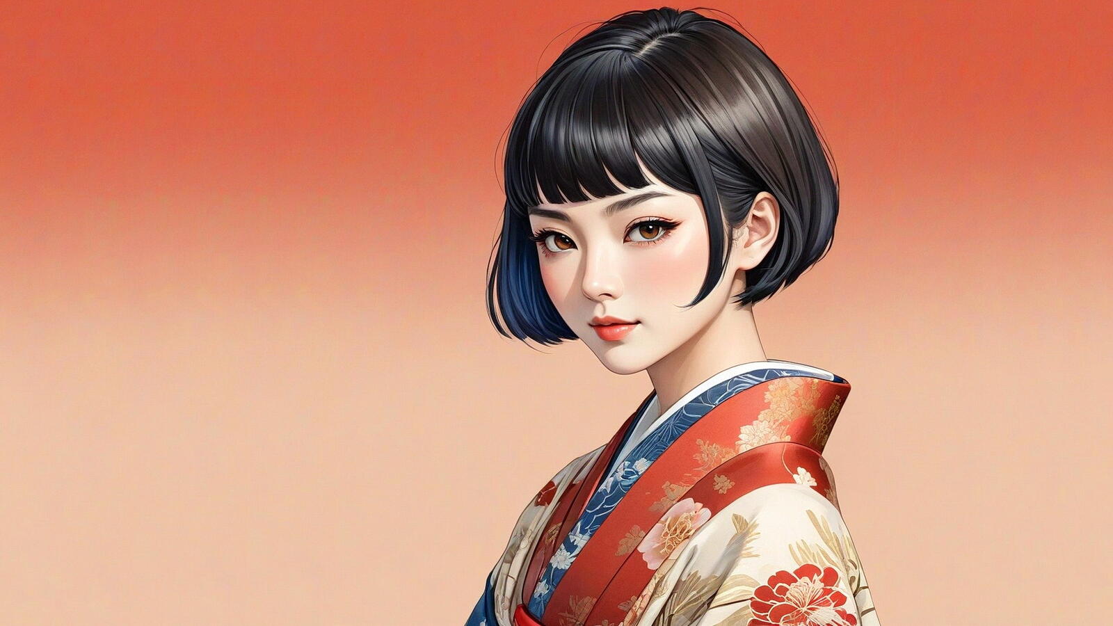 Бесплатное фото Портрет девушки японки в кимоно на светло-красном фоне