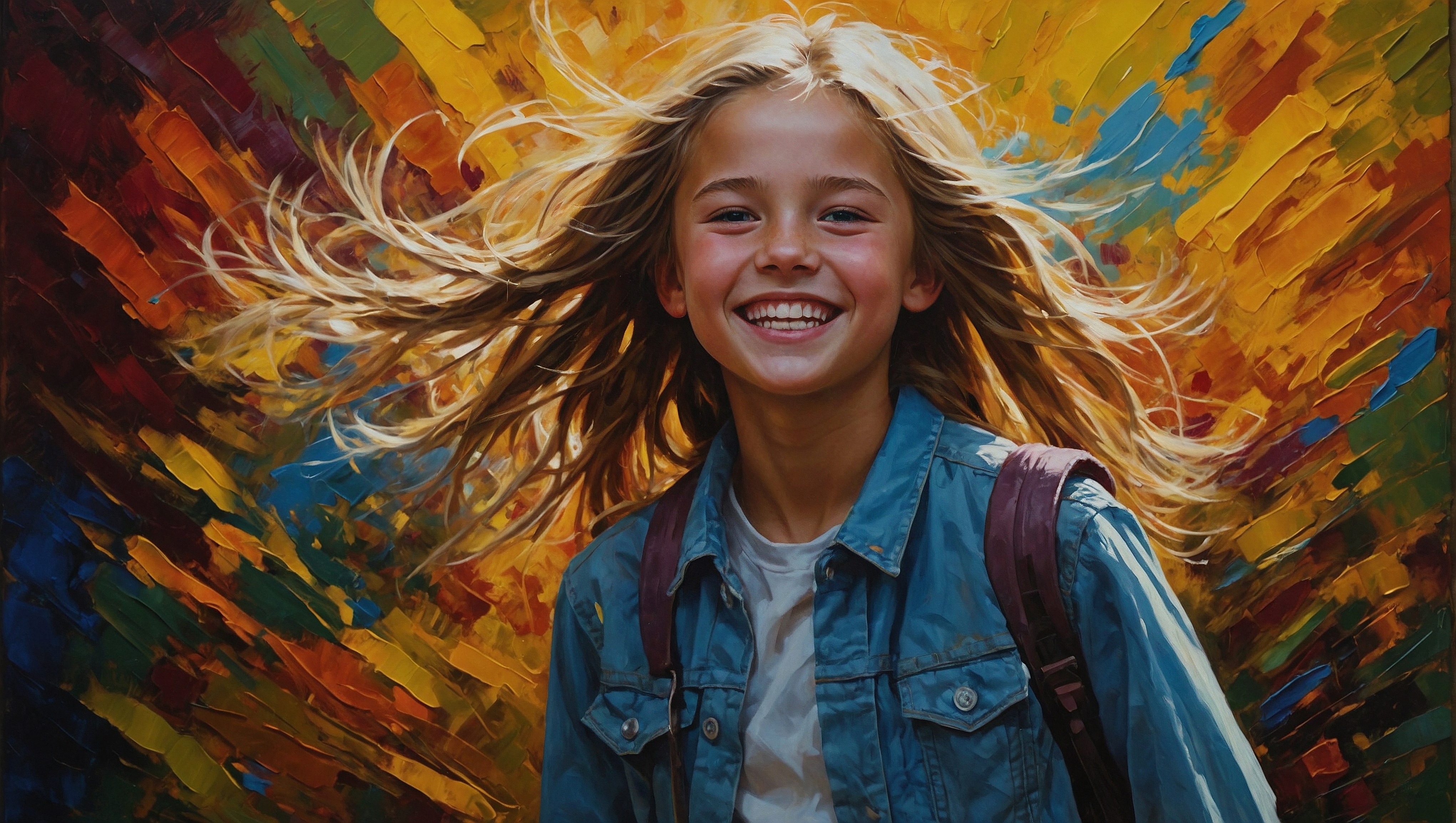Free photo A girl smiles in the background of a painting with colorful wings