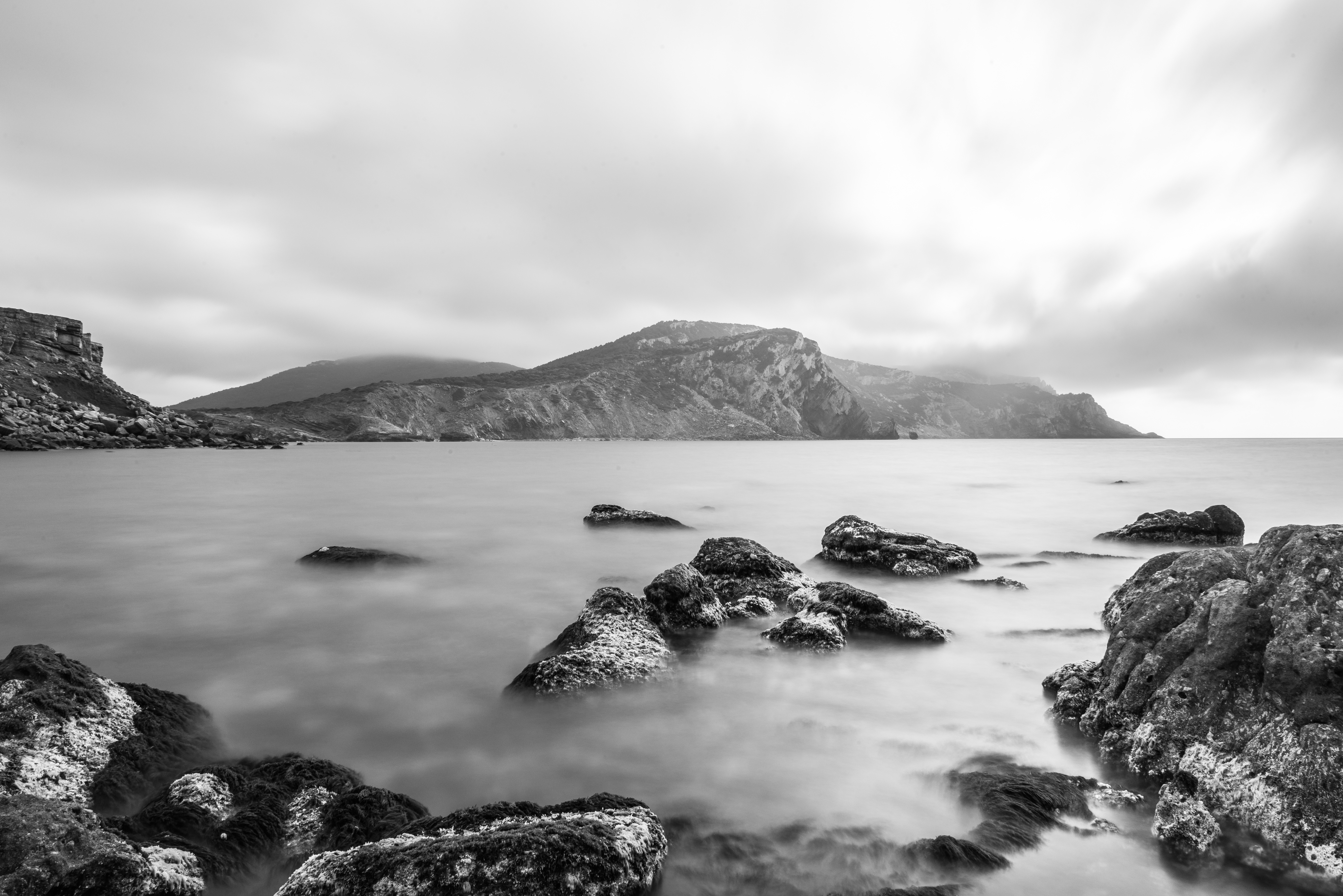 Free photo Shore with rocks on a monochrome photo