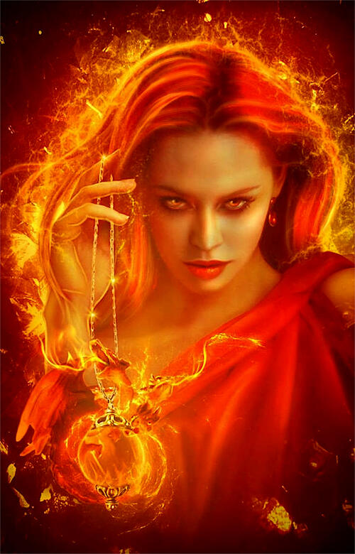 Rendering of a portrait of a girl in flames