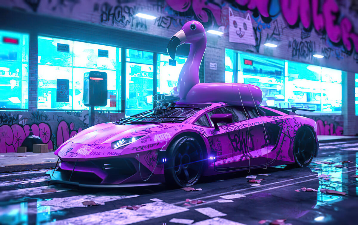 Purple Lamborghini with a pink flamingo on the roof