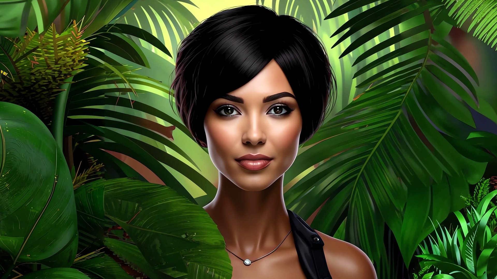 Free photo Portrait of a brunette girl on the background of a tropical forest