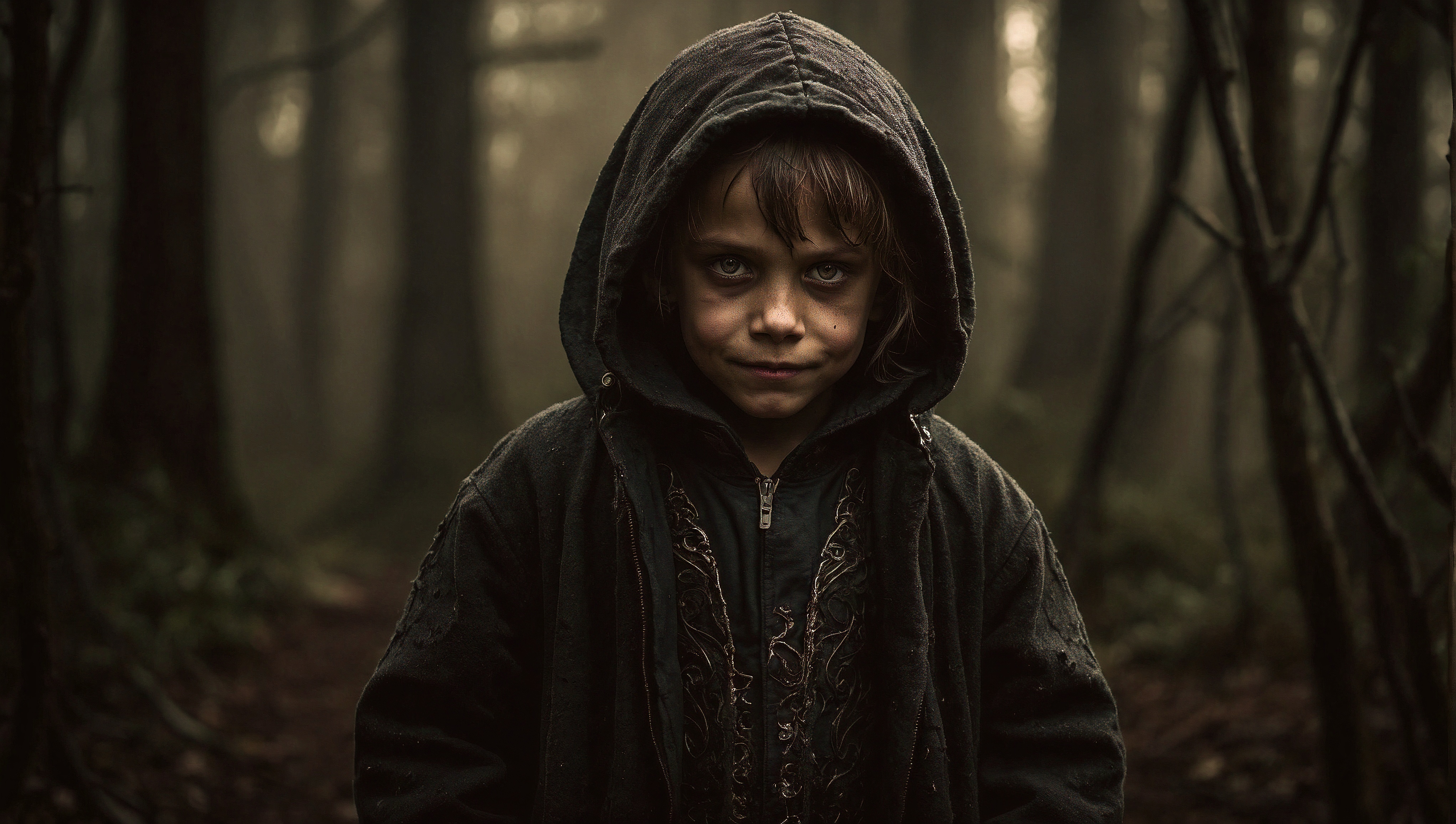 A boy in a hooded sweatshirt stands in the woods.