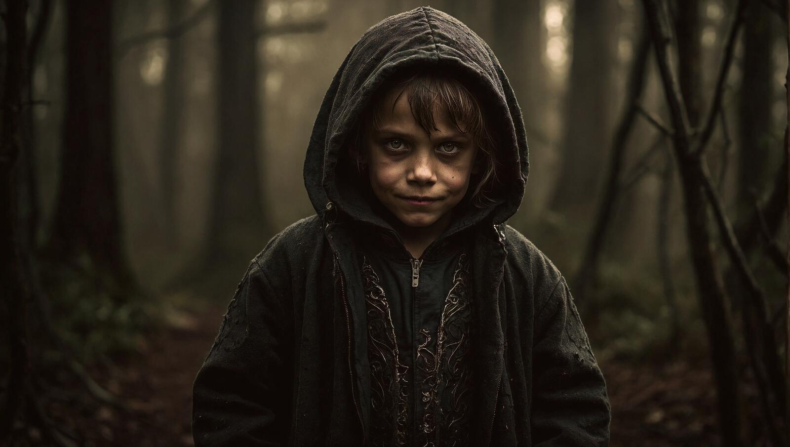 Бесплатное фото Мальчик в толстовке с капюшоном стоит в лесу.